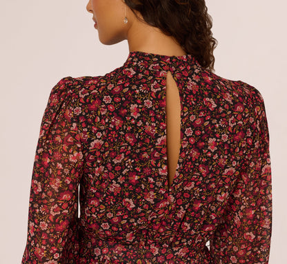 Long Sleeve Ditsy Floral Chiffon Midi Dress In Black Multi