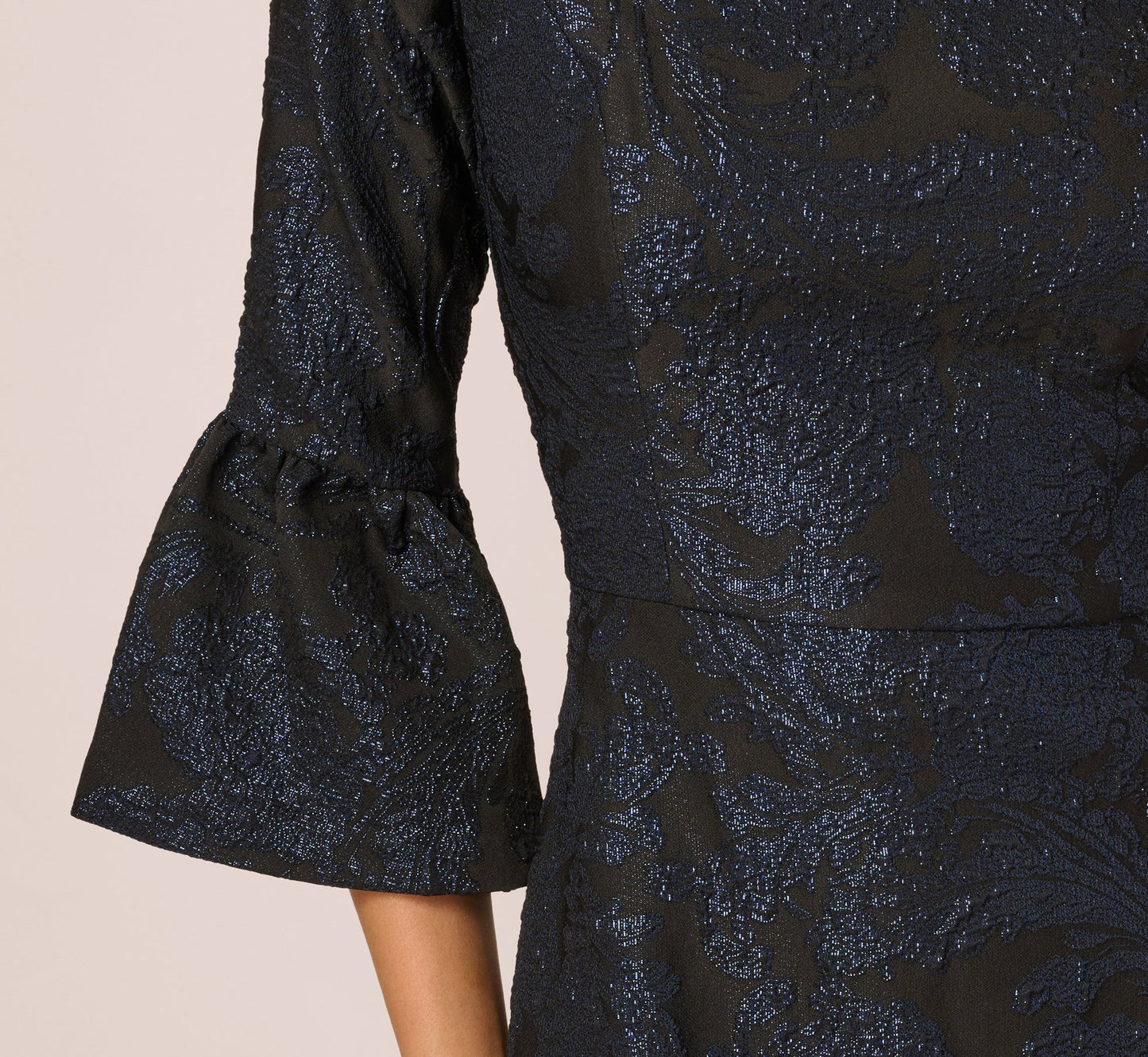Three Quarter Bell Sleeve Short Jacquard Dress In Navy Black