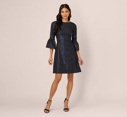 Three Quarter Bell Sleeve Short Jacquard Dress In Navy Black