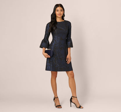 Three Quarter Bell Sleeve Short Jacquard Dress In Navy Black