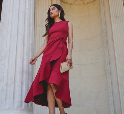 Sleeveless Flounce High Low Midi Dress In Crimson