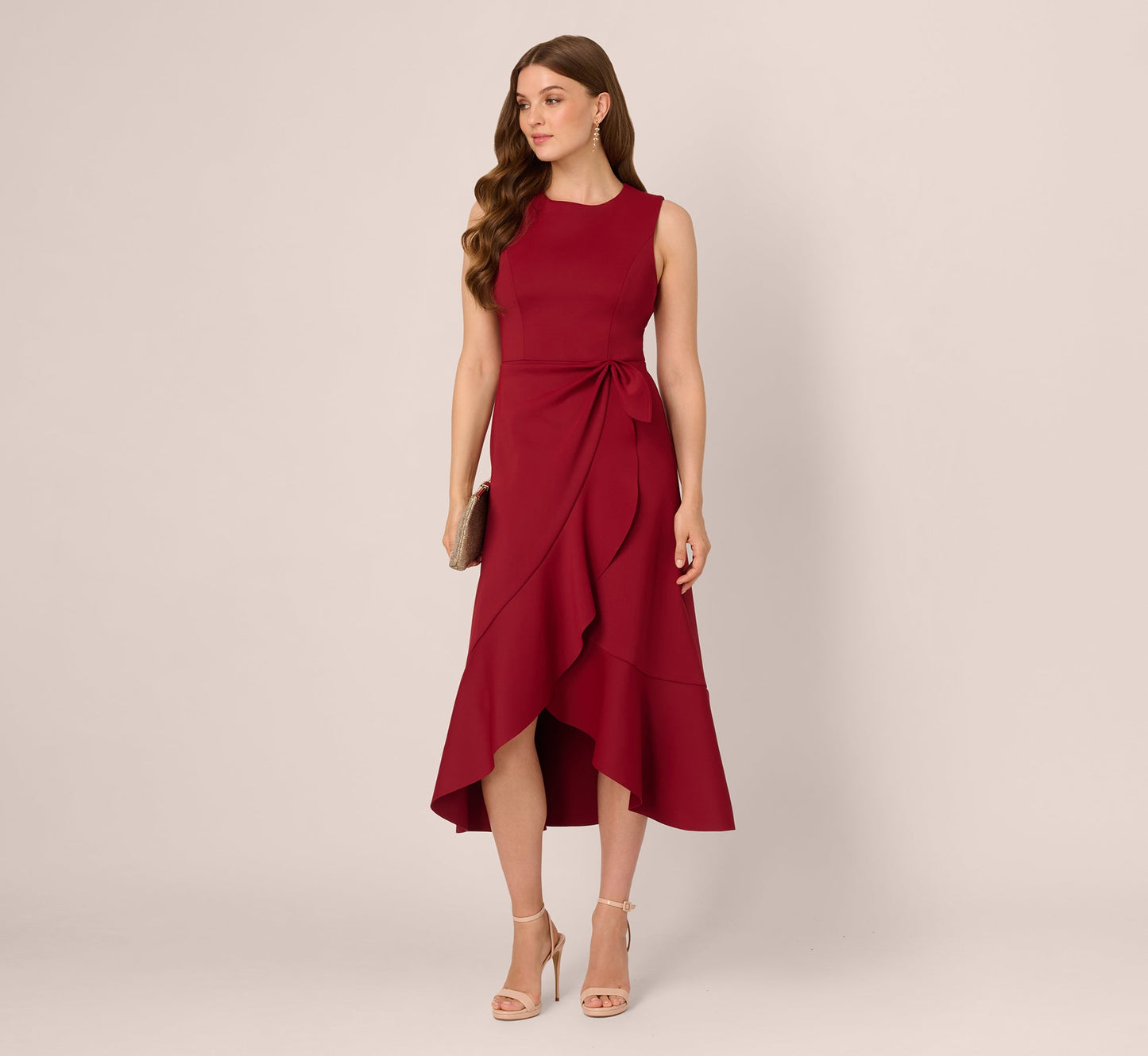 Sleeveless Flounce High Low Midi Dress In Crimson