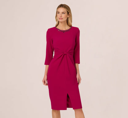 Three Quarter Sleeve Beaded Collar Sheath Dress In Berry