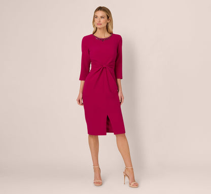 Three Quarter Sleeve Beaded Collar Sheath Dress In Berry