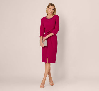 Three Quarter Sleeve Beaded Collar Sheath Dress In Berry