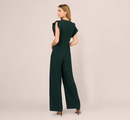 Flutter Sleeve Faux Wrap Jumpsuit In Dark Green