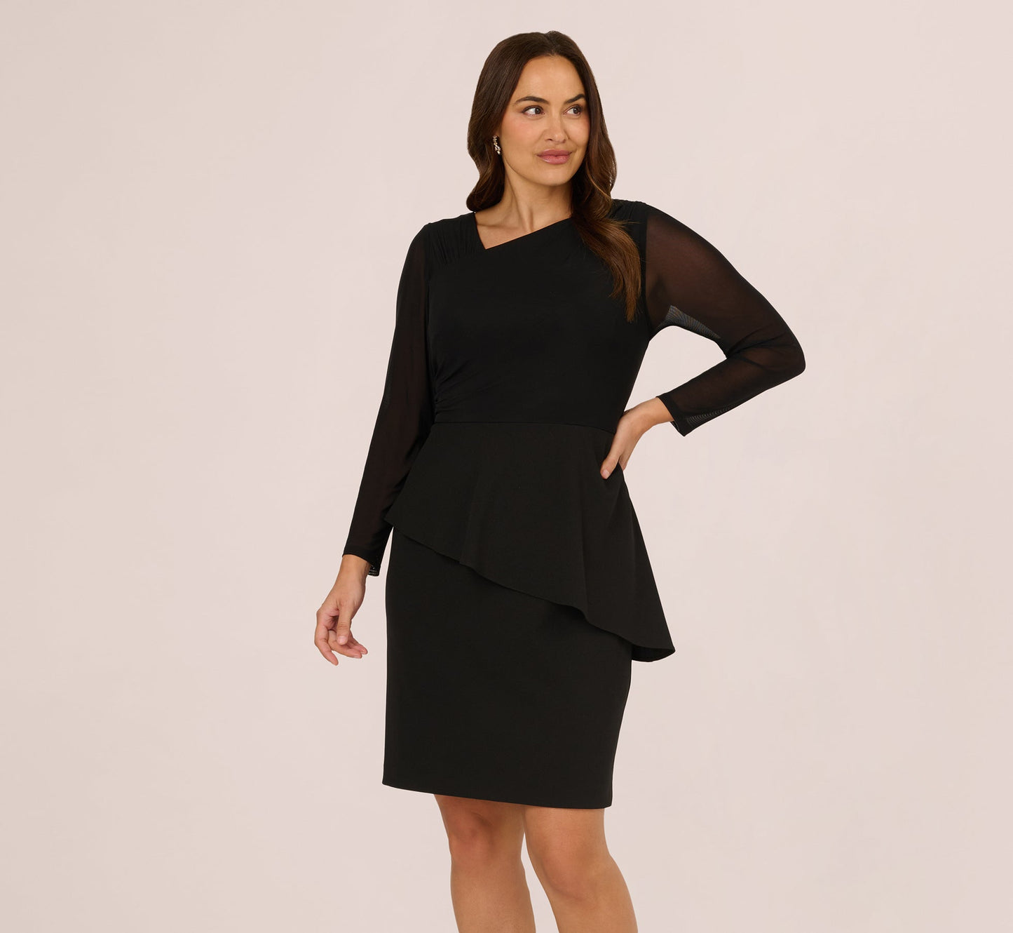Plus Size Long Sleeve Asymmetrical Peplum Sheath Dress In Black