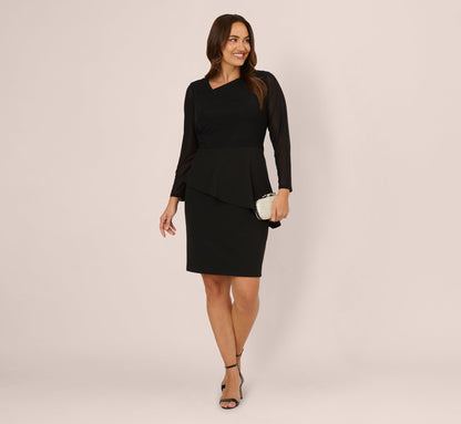 Plus Size Long Sleeve Asymmetrical Peplum Sheath Dress In Black