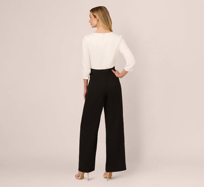 Three Quarter Sleeve Draped Combo Jumpsuit In Ivory Black