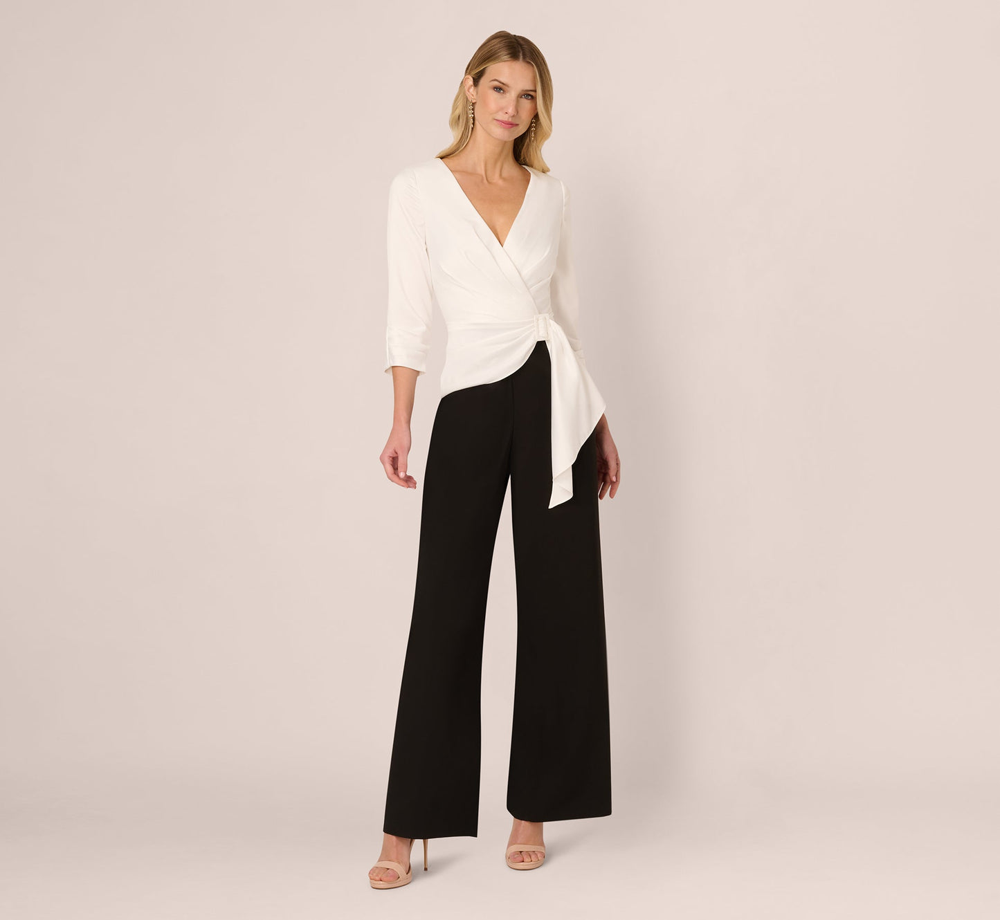 Three Quarter Sleeve Draped Combo Jumpsuit In Ivory Black