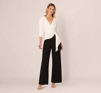 Three Quarter Sleeve Draped Combo Jumpsuit In Ivory Black
