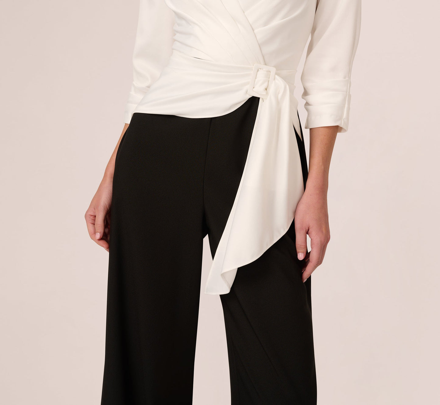 Three Quarter Sleeve Draped Combo Jumpsuit In Ivory Black