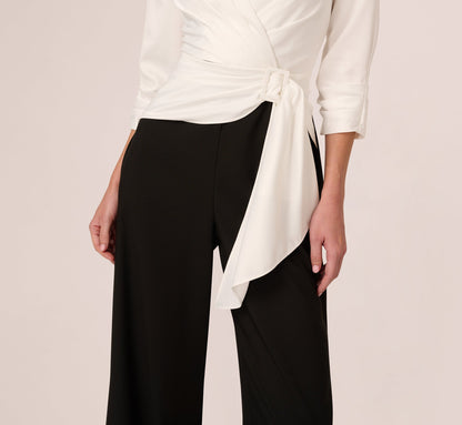 Three Quarter Sleeve Draped Combo Jumpsuit In Ivory Black