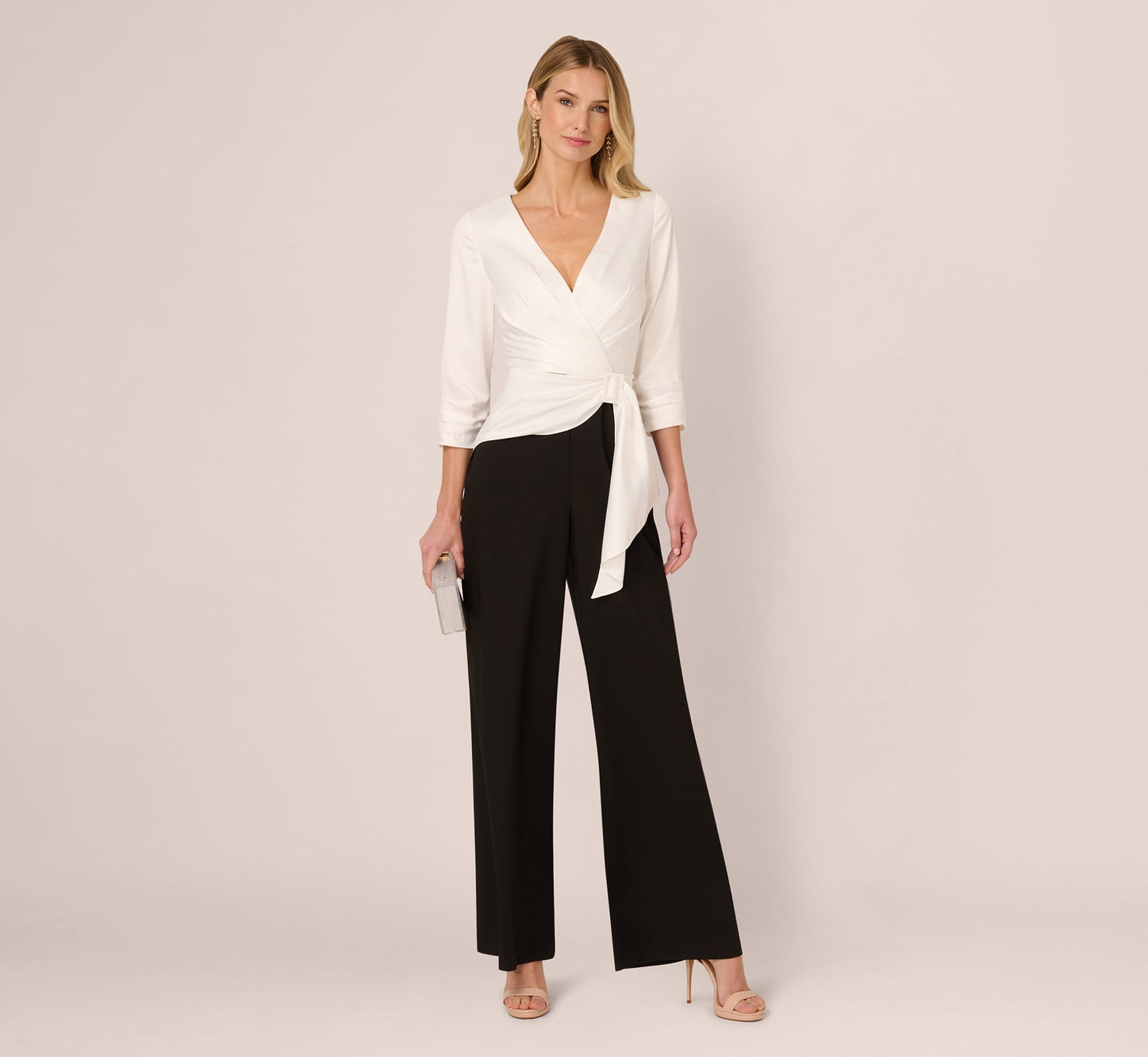 Three Quarter Sleeve Draped Combo Jumpsuit In Ivory Black