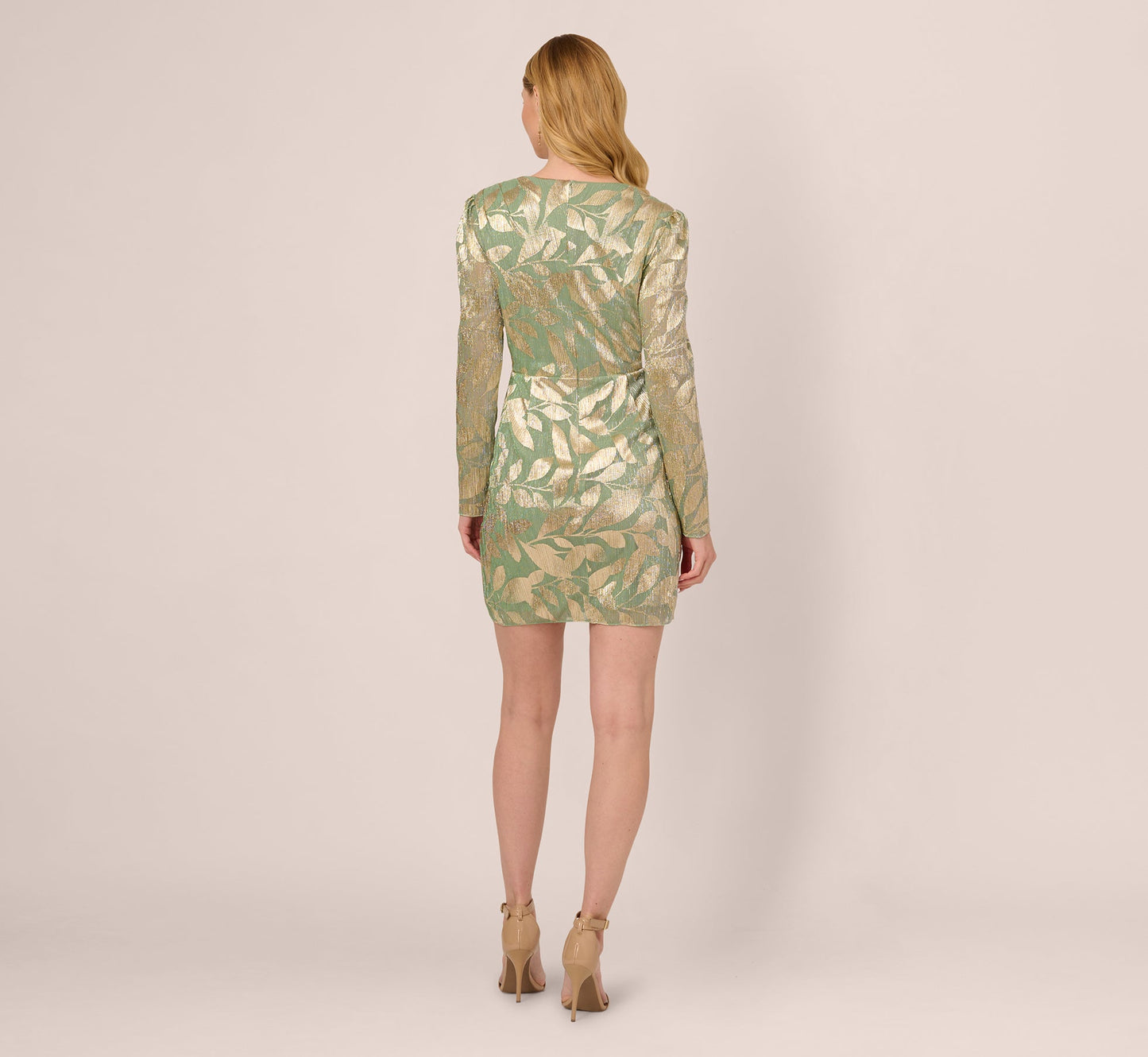 Long Sleeve Foil Short Wrap Dress In Sage Gold