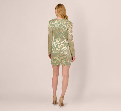 Long Sleeve Foil Short Wrap Dress In Sage Gold