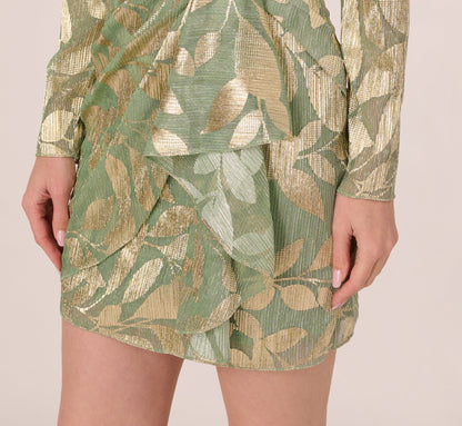 Long Sleeve Foil Short Wrap Dress In Sage Gold