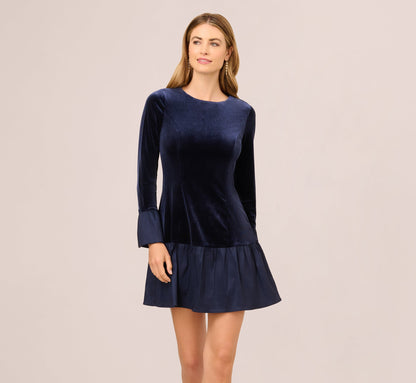 Long Sleeve Drop Waist Velvet Taffeta Dress In Midnight