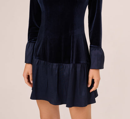 Long Sleeve Drop Waist Velvet Taffeta Dress In Midnight