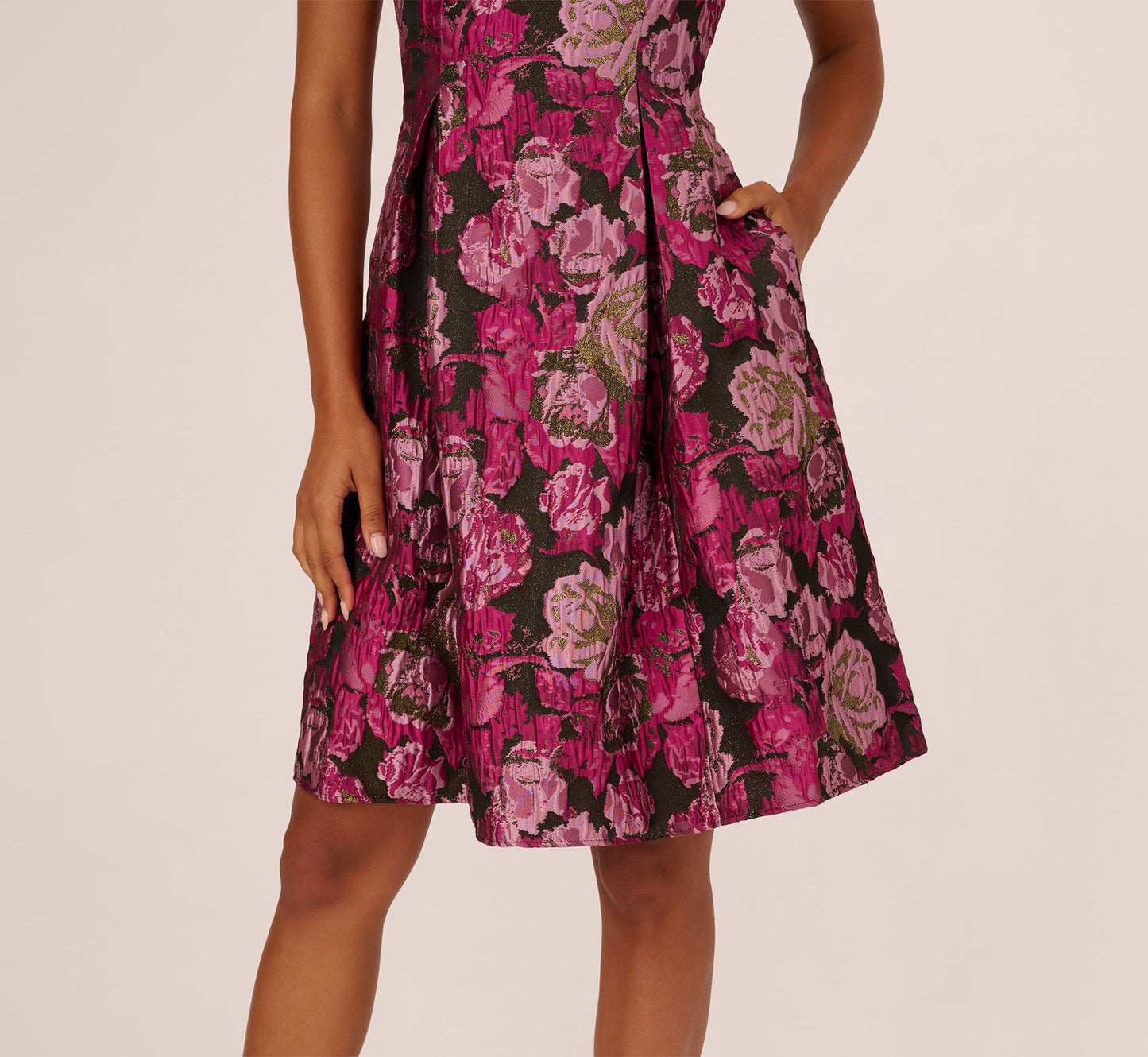 Rose Jacquard Envelope Back Dress In Pink Black Multi