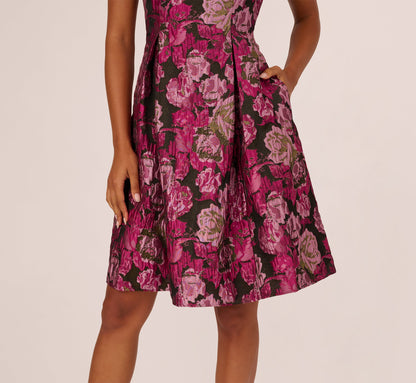 Rose Jacquard Envelope Back Dress In Pink Black Multi