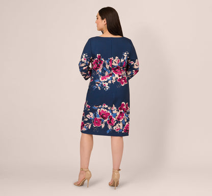 Plus Size Three Quarter Sleeve Floral Sheath Dress In Navy Pink Multi