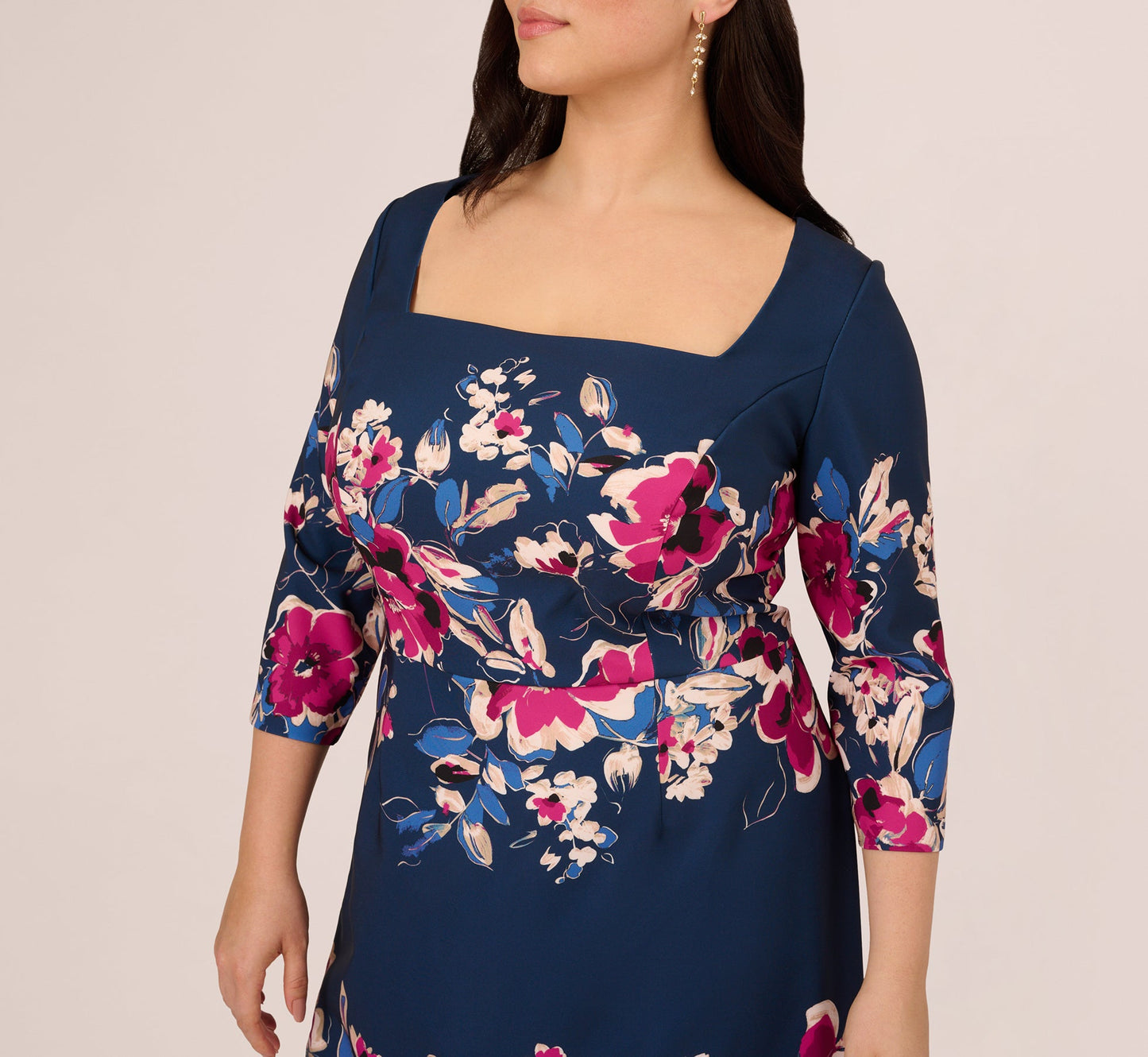 Plus Size Three Quarter Sleeve Floral Sheath Dress In Navy Pink Multi