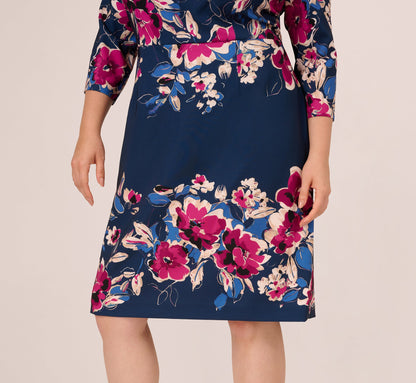 Plus Size Three Quarter Sleeve Floral Sheath Dress In Navy Pink Multi