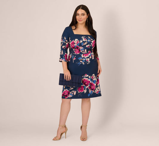 Plus Size Three Quarter Sleeve Floral Sheath Dress In Navy Pink Multi