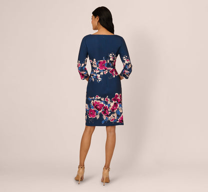 Three Quarter Sleeve Floral Sheath Dress In Navy Pink Multi