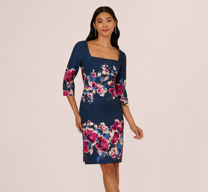 Three Quarter Sleeve Floral Sheath Dress In Navy Pink Multi