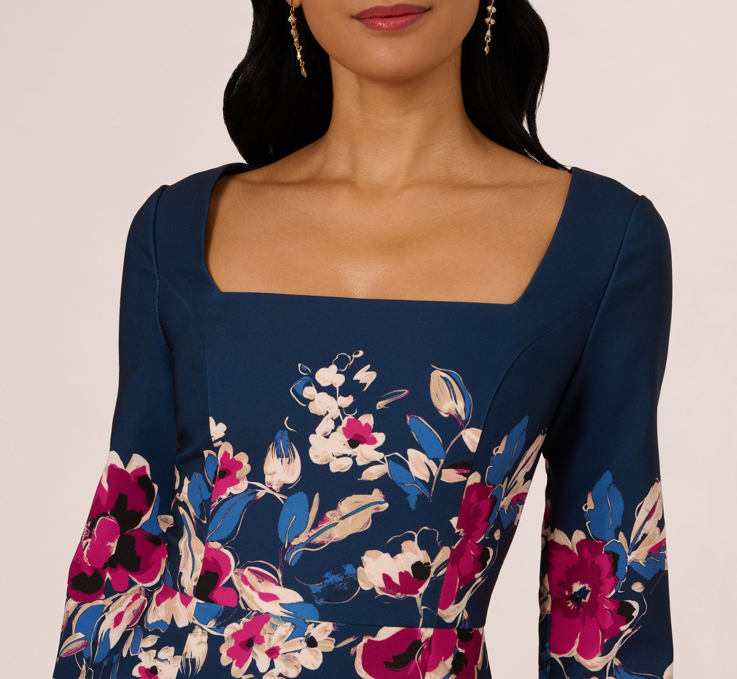 Three Quarter Sleeve Floral Sheath Dress In Navy Pink Multi
