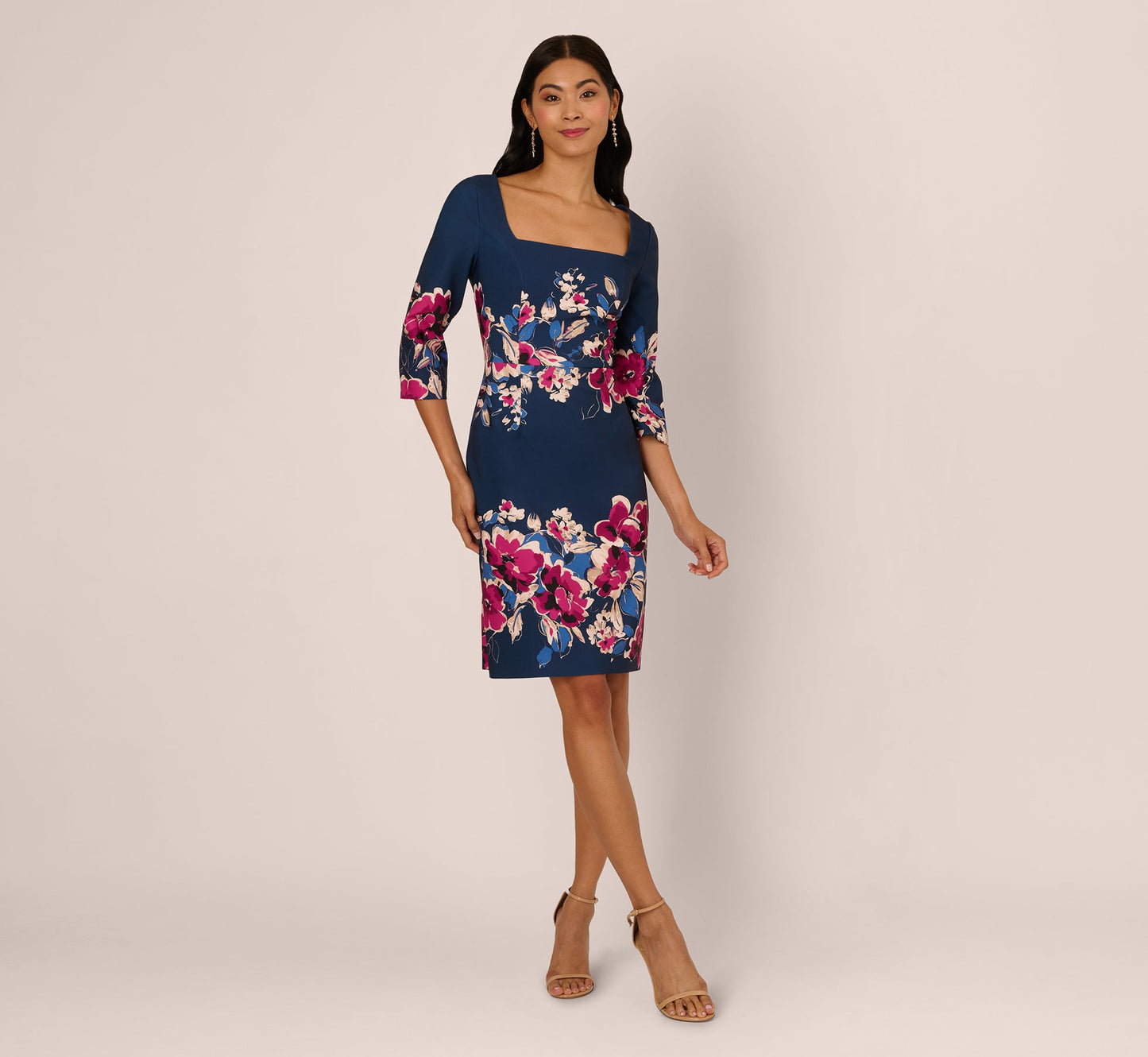 Three Quarter Sleeve Floral Sheath Dress In Navy Pink Multi