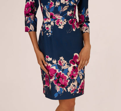 Three Quarter Sleeve Floral Sheath Dress In Navy Pink Multi