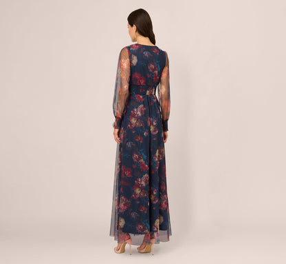 Bishop Sleeve Floral Mesh Maxi Dress In Navy Multi