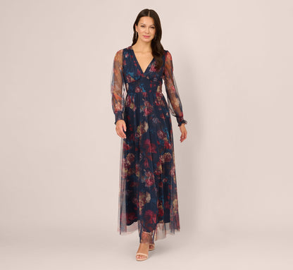 Bishop Sleeve Floral Mesh Maxi Dress In Navy Multi
