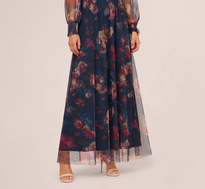 Bishop Sleeve Floral Mesh Maxi Dress In Navy Multi