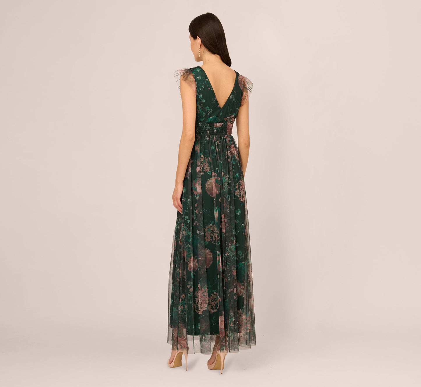 Flutter Sleeve Floral Tulle Maxi Dress In Hunter Multi