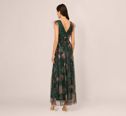 Flutter Sleeve Floral Tulle Maxi Dress In Hunter Multi