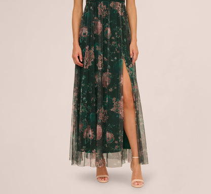 Flutter Sleeve Floral Tulle Maxi Dress In Hunter Multi