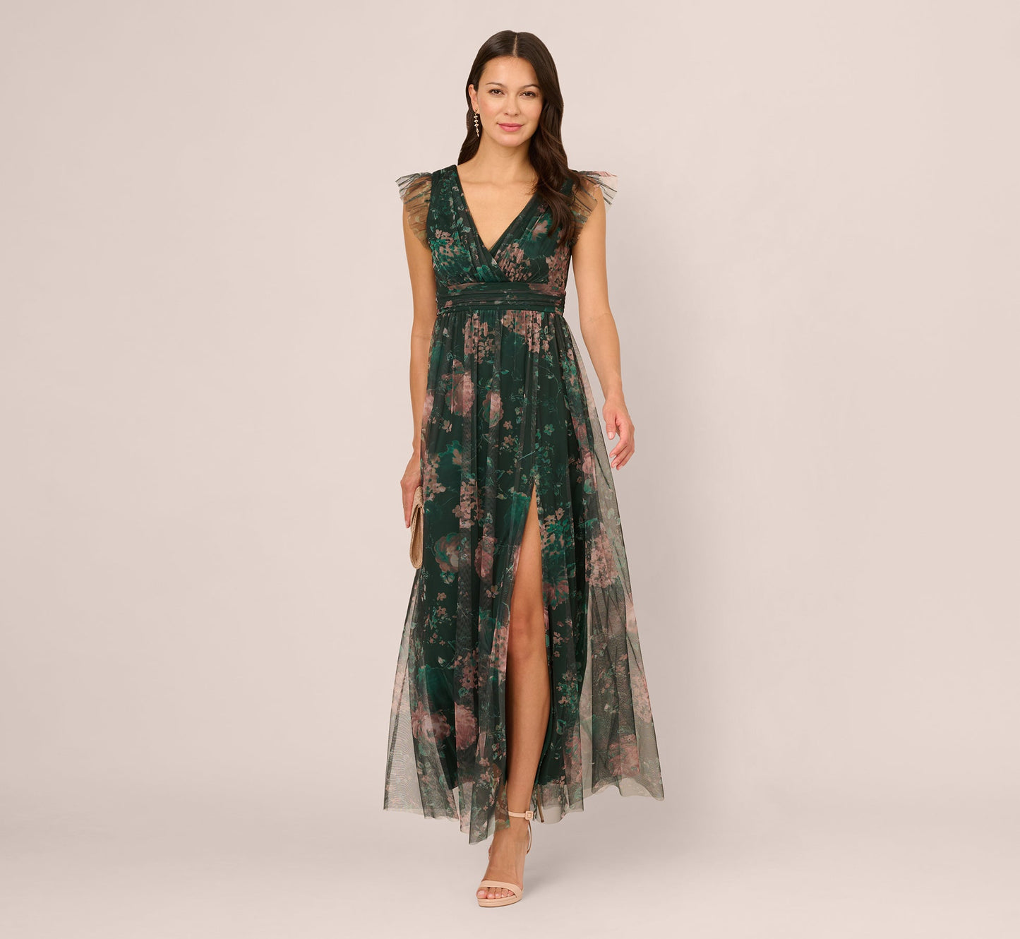 Flutter Sleeve Floral Tulle Maxi Dress In Hunter Multi