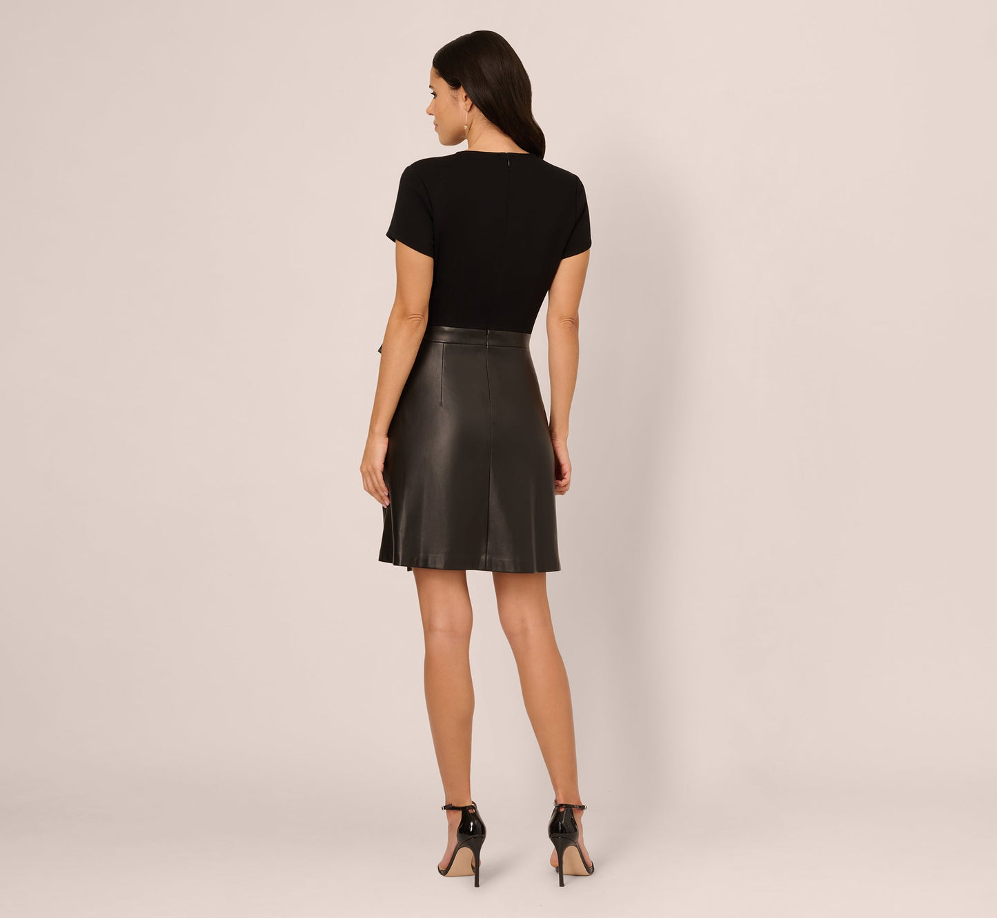 Short Sleeve Faux Leather Combo Skater Dress In Black
