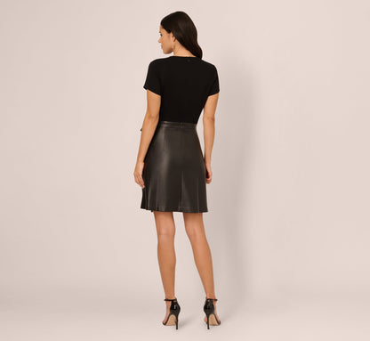 Short Sleeve Faux Leather Combo Skater Dress In Black