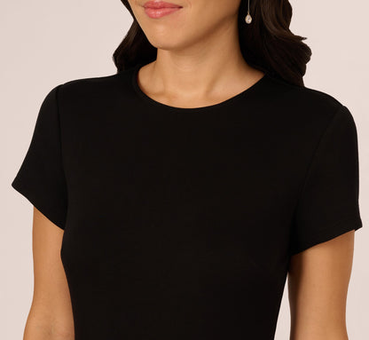 Short Sleeve Faux Leather Combo Skater Dress In Black