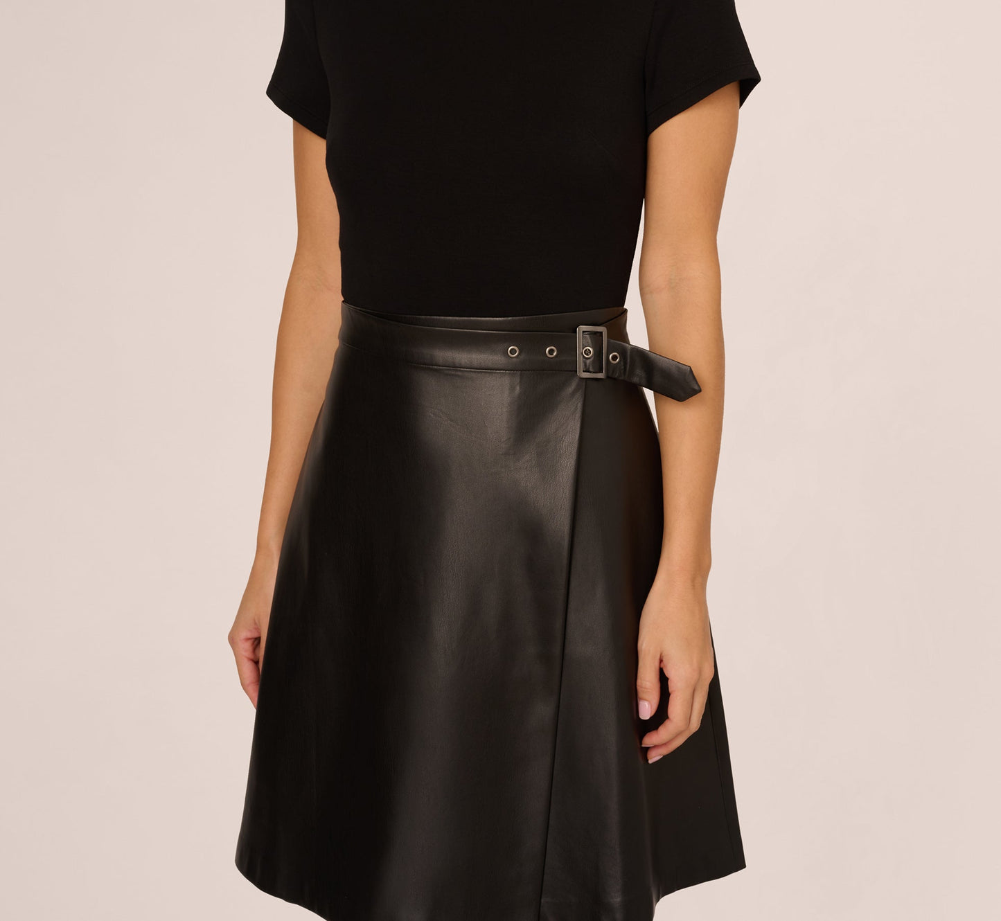 Short Sleeve Faux Leather Combo Skater Dress In Black