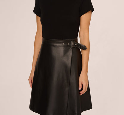 Short Sleeve Faux Leather Combo Skater Dress In Black