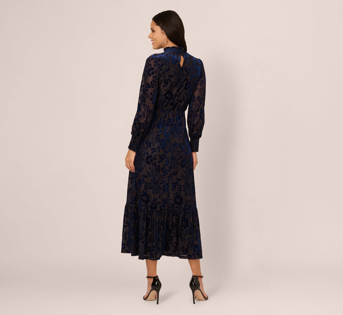 Long Sleeve Floral Velvet Burnout Midi Dress In Light Navy
