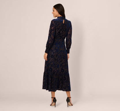 Long Sleeve Floral Velvet Burnout Midi Dress In Light Navy