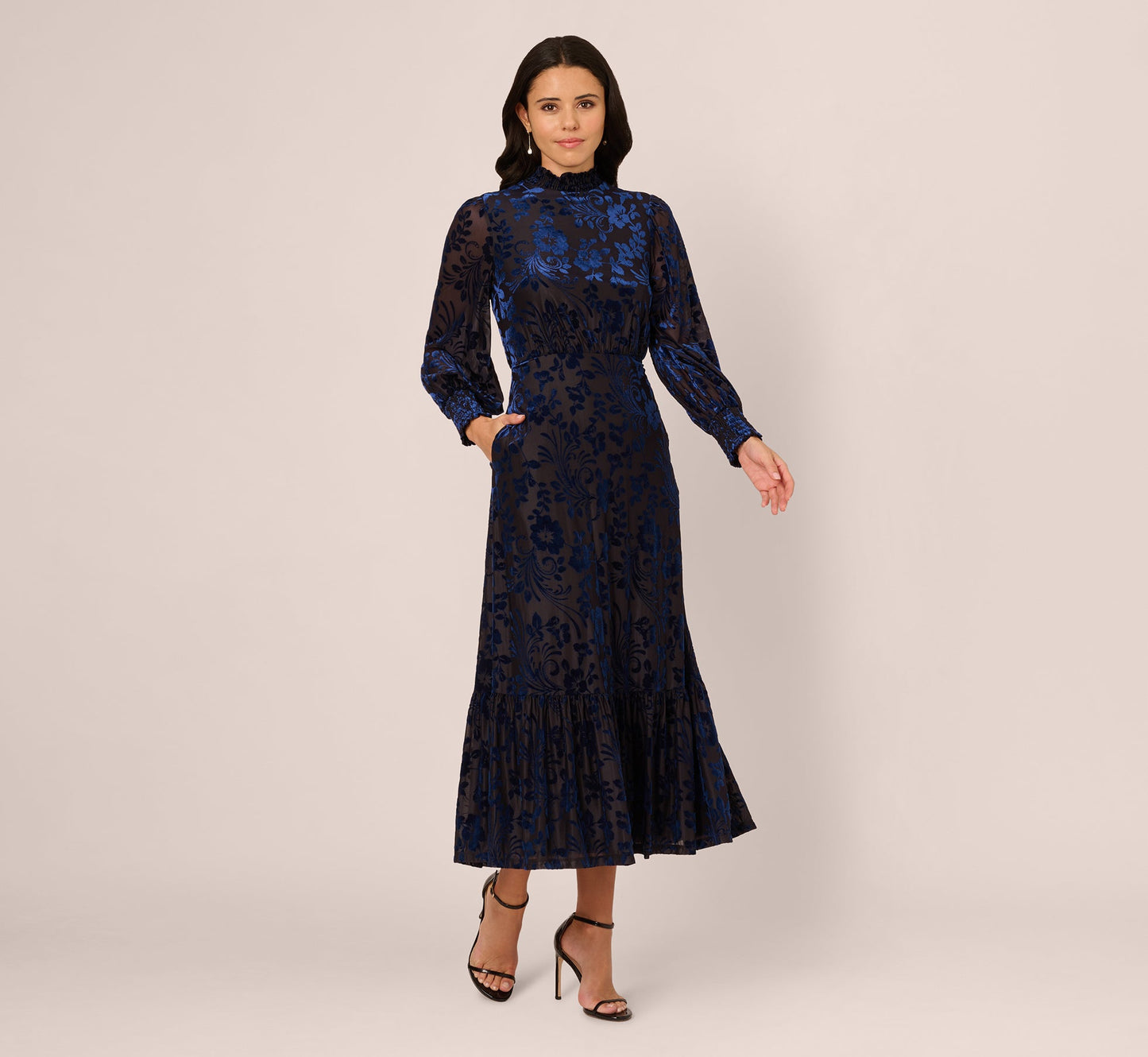 Long Sleeve Floral Velvet Burnout Midi Dress In Light Navy