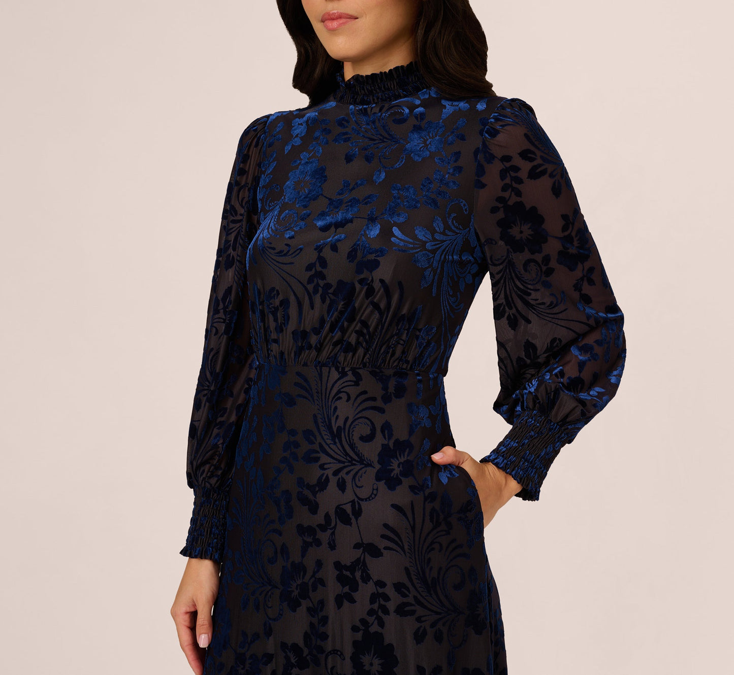 Long Sleeve Floral Velvet Burnout Midi Dress In Light Navy
